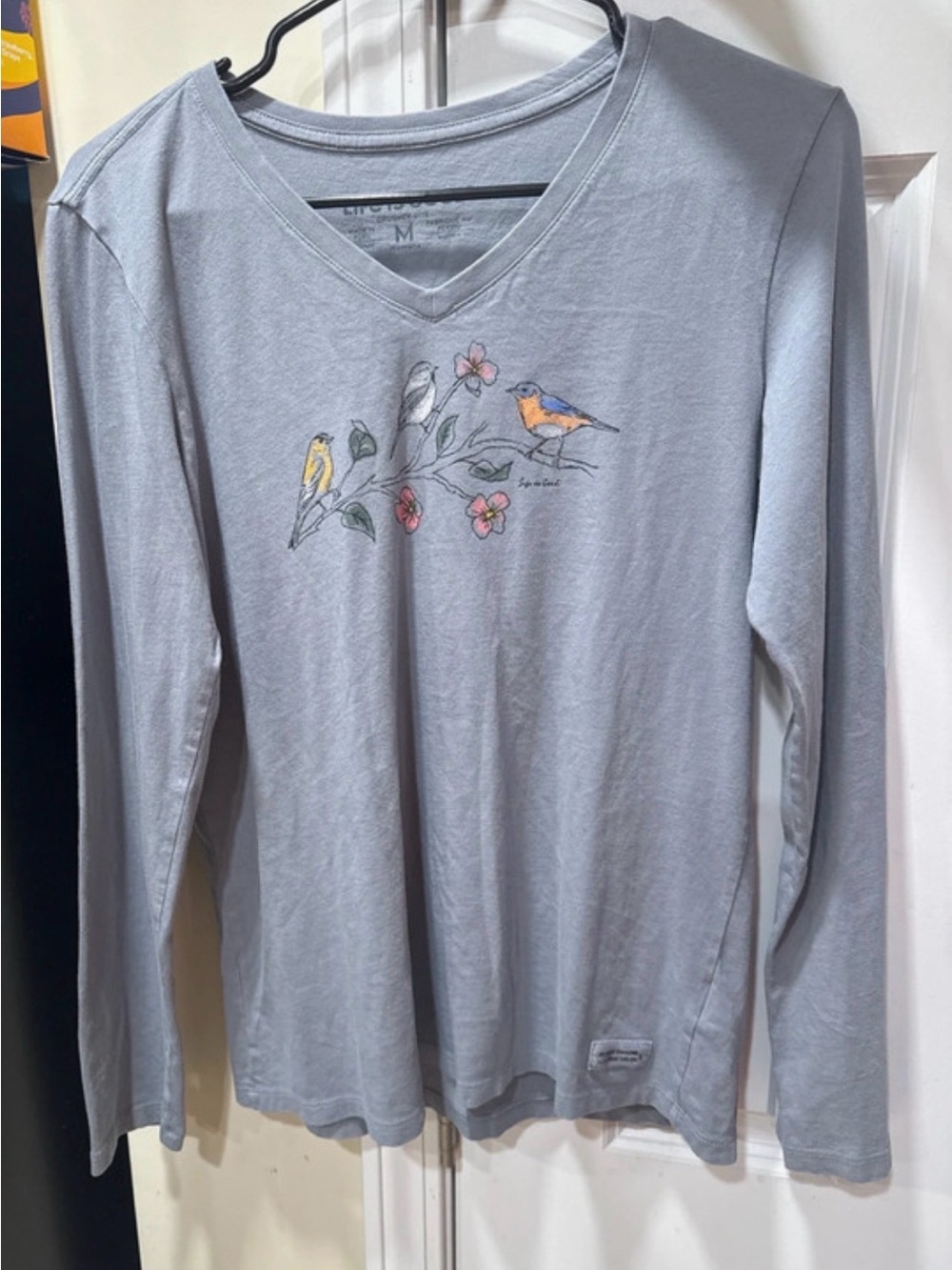Life Is Good Light Blue V-Neck Long Sleeve with Bird & Floral Sketch